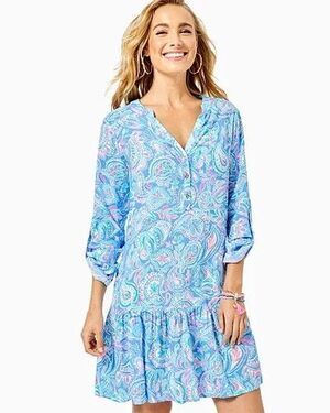 Lilly Pulitzer Charlee Tunic Dress Zanzibar Blue Fish Kiss S paisley beach vaca
